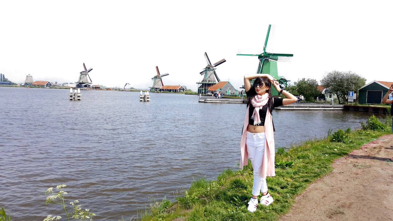 Zaanse Schans windmill village in dutch town holland